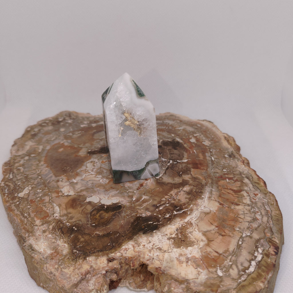 Moss Agate Tower With Sparkling Druzy Cavity – Botanical Growth, Abundance & Cosmic Portals 🌿✨ Ref: 0421