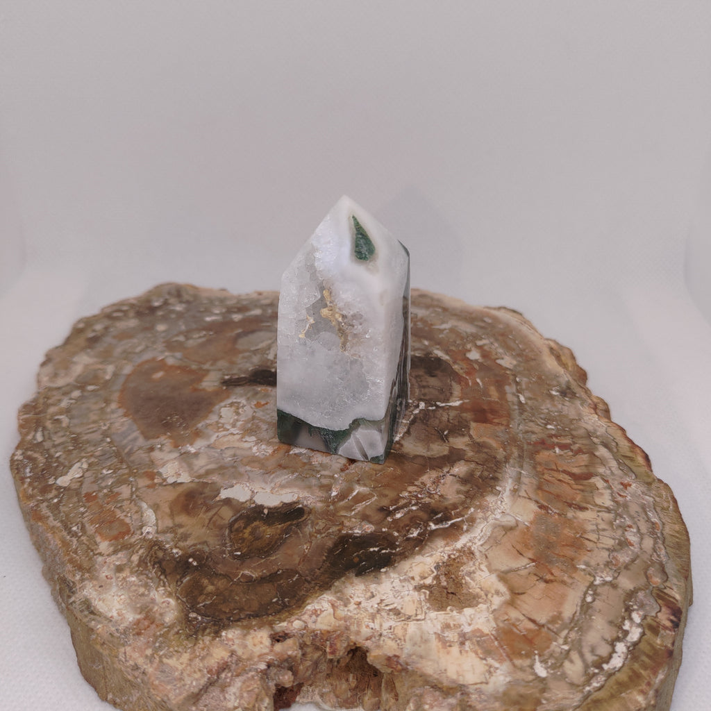 Moss Agate Tower With Sparkling Druzy Cavity – Botanical Growth, Abundance & Cosmic Portals 🌿✨ Ref: 0421